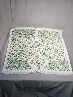 Grant Crest Vintage 70s Floral Cotton Blue White Bath Towels Wash Cloth Lot Of 4